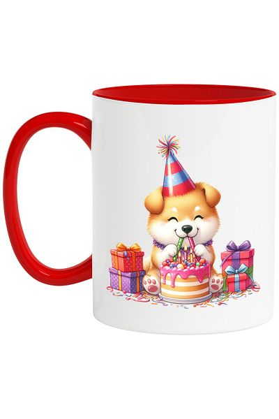 StoryGift Romania Mug with a cheerful Akita Inu puppy | illustration | birthday | cake | candles apr, With ,STG