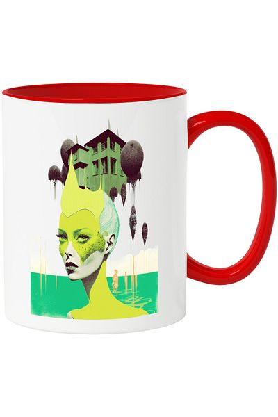 StoryGift Romania Mug With Woman, Artistic, Aesthetic, House, Green, Nenon, Ceramic, 330ml, with Handle, With, STG
