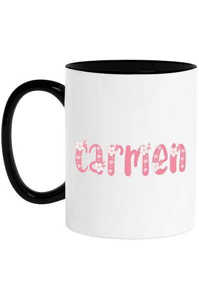 StoryGift Romania Mug With Name Carmen, Flowers, Colorful, Pink, Cute, 330ml, Ceramic with Black Handle, With ,STG