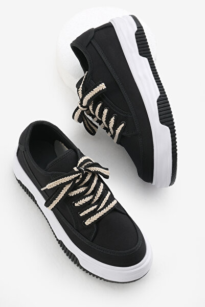 Tonny Black Kadın Siyah Poli Taban Bağcıklı Keten Spor Ayakkabı