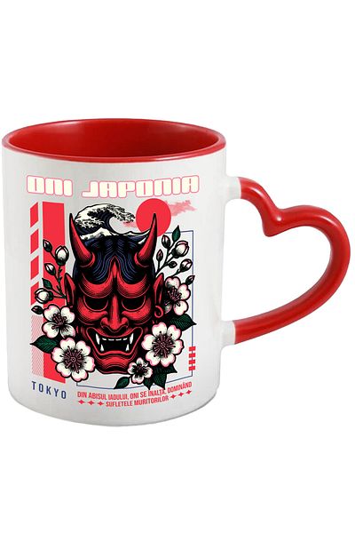 StoryGift Romania Traditional Japanese Oni Devil Mask Mug, 330ml, Ceramic with Red Heart Handle, With ,STG