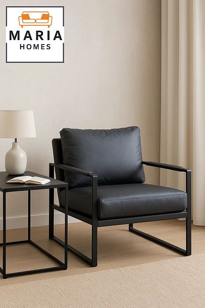 MARIA HOMES Modern Gray Faux Leather Armchair – Sleek Metal Frame Lounge Chair for Living Room or Office
