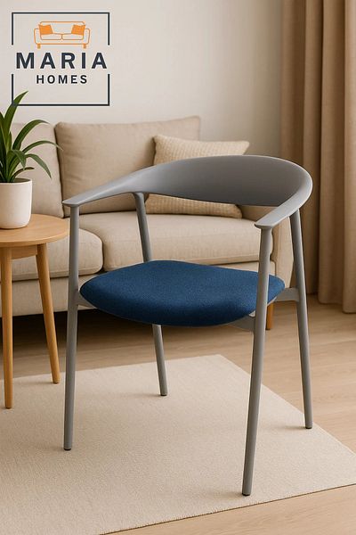 MARIA HOMES Grey Armrest Chair with Blue Fabric Cushion – Modern Dining or Office Seating