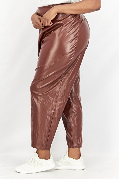BOOHOO Women Plus Size Pull On Solid Leather Leggings, Brown