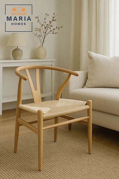 MARIA HOMES Scandinavian Style Wooden Armchair with Woven Rope Seat – Minimalist Dining Chair for Home or Café