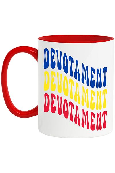 StoryGift Romania Mug The Word Devotion, in the Colors of the Romanian Flag, Red, Yellow, Blue, with STG