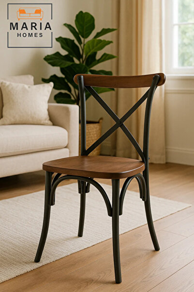 MARIA HOMES Industrial Style Cross Back Metal and Wood Chair – Rustic Dining or Café Seating Solution