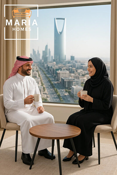 MARIA HOMES Beige Modern Lounge Chair – Curved Upholstered Fabric Seat with Black Legs for Home or Office Use