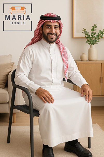 MARIA HOMES Grey Woven Plastic Chair with Armrests – Modern Indoor Outdoor Rattan-Style Stackable Patio Seating