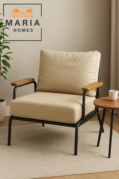 MARIA HOMES Cream Faux Leather Lounge Chair – Wood Armrests & Metal Frame for Living Room, Office or Reception