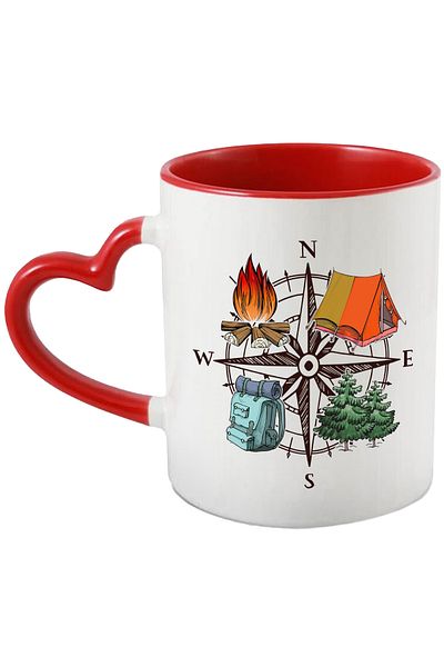 StoryGift Romania Mug with elements of a trip, fire, wood, tent, map, backpack, , With ,STG