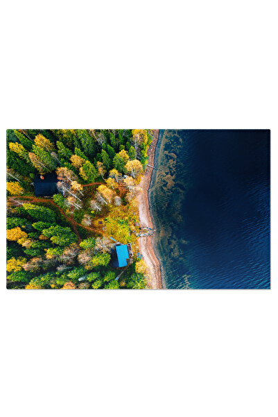 StoryGift Romania Tablou Canvas: Retragere La Casuta - Cabana, Lac, Toamna, Natura, Viziune Aeriana