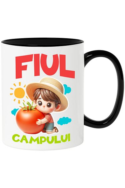 StoryGift Romania Mug Son of the Field Boy with Red Apple Hat, 330ml, Ceramic with Black Handle, With Handle, STG
