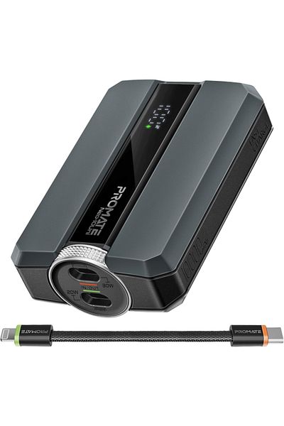 Promate Ultra-Compact Power Bank 30W PD with USB-C / Lightning Ports - 10000mAh - Gray - Neo-10Uni