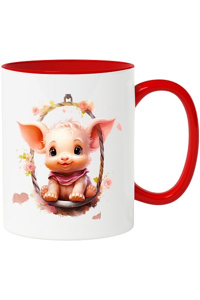 StoryGift Romania Mug with a piglet swinging | illustration | flowers | pink | happiness |, With ,STG