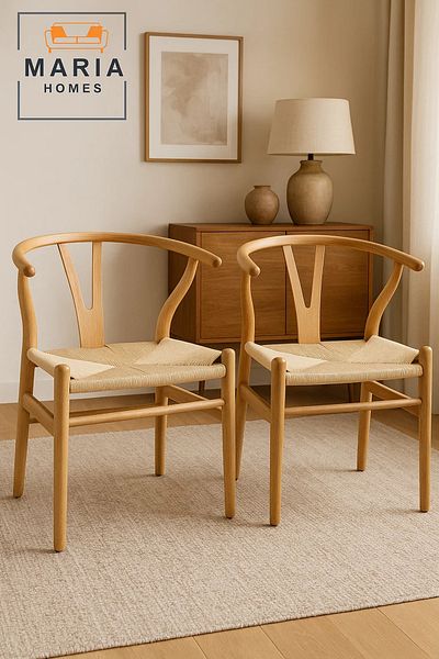 MARIA HOMES Scandinavian Style Wooden Armchair with Woven Rope Seat – Minimalist Dining Chair for Home or Café