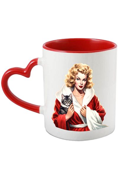 StoryGift Romania Mug with a woman holding a cat, illustration, blonde, capod, white and red with M, Cu, STG