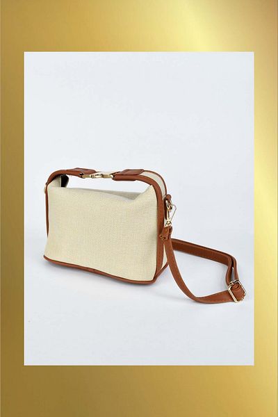 Biriz Moda Women's Canvas Fabric Hand and Shoulder Bag with Metal Handle Detail - Tan