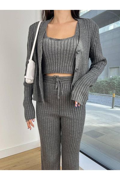 NZL TEKSTİL Dgn's Swe Button Detailed Cardigan-Blouse-Pants 3 Piece Set
