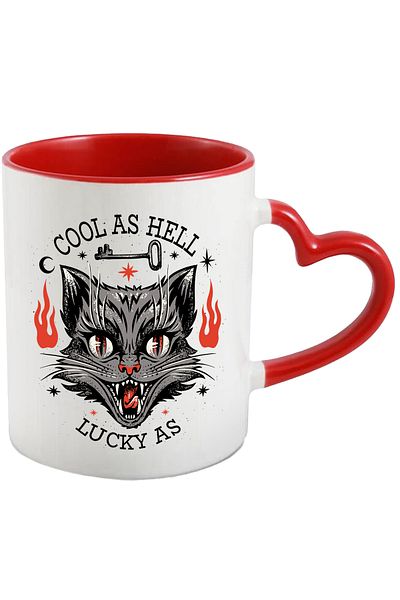 StoryGift Romania Mug With Message In English Cool As Hell Lucky As, Cat, Flames, Key, Multicolor, With ,STG