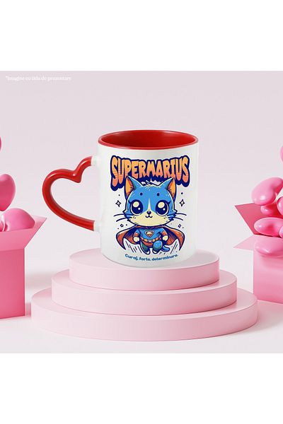 StoryGift Romania Super Marius Mug, Superhero, Flying Cat, 330ml, Ceramic with Red Heart Handle, With ,STG