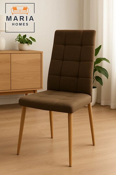 MARIA HOMES High Back Brown Fabric Dining Chair – Padded Upholstery with Wood Legs for Home or Restaurant Use