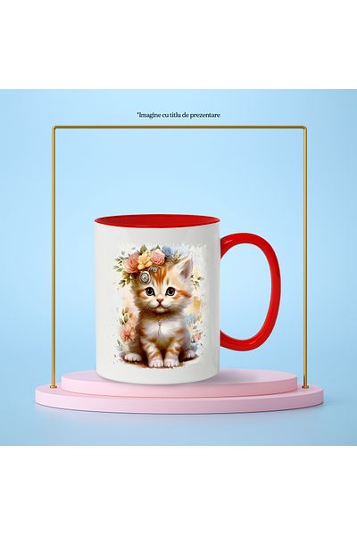 StoryGift Romania Mug With Kitten, Flowers, Leaves, Chain, Jewelry, Multicolor 330 ml, Ce, Cu,STG