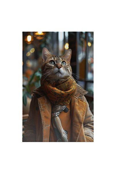 StoryGift Romania Tablou Canvas: Pisica Cu Privire Curioasa In Paton Si Fular Gros Cu Mainile In Buzunar Pictur