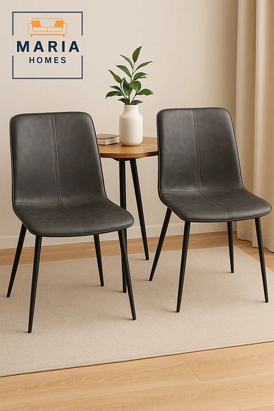 MARIA HOMES Dark Grey Faux Leather Dining Chair with Stitch Accent and Black Metal Legs – Contemporary Design