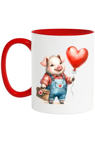 StoryGift Romania Mug with a pig, illustration, heart-shaped balloon, flower, gift with Handle, With, STG
