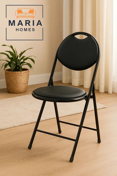 MARIA HOMES Compact Black Round Folding Chair with Cushioned Seat – Ideal for Home & Events