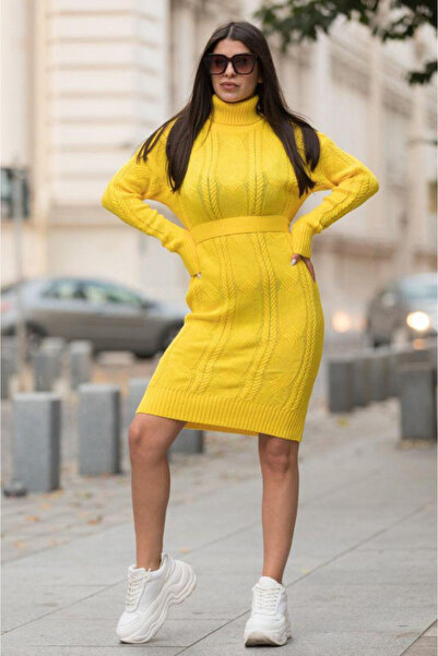 FashionForYou Rochie tricotata Sara, cu guler rulat si maneci lungi, Galben