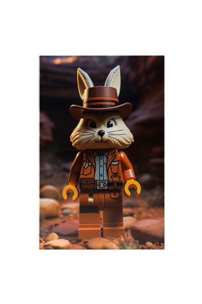 StoryGift Romania Tablou Canvas: Iepuras Alb Cu Mustati Si Ochii Mari Langa Stanci Cu Palarie Maro Si Model Port