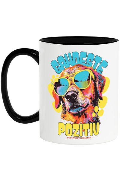 StoryGift Romania Mug Dog with glasses text think positive, 330ml, Ceramic with Black Handle, With Handle, STG