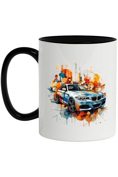 StoryGift Romania Mug With Car, Brand, BMW, Geometric, Abstract, Multicolor 330 ml, Ceramic with , With ,STG