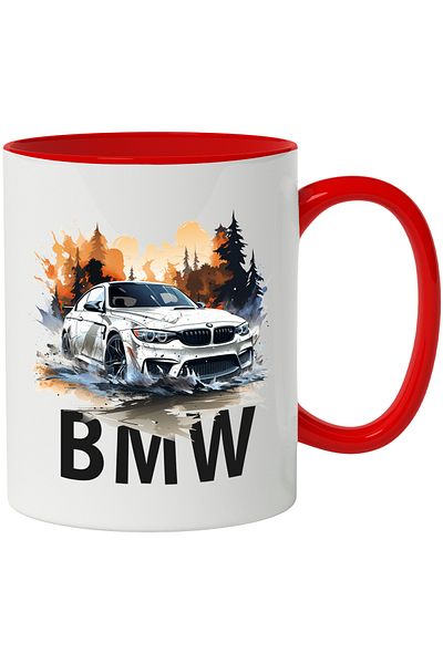StoryGift Romania Mug With Car, Forest, BMW, Fir Trees, Water, Sunset, Fire, Multicolor 330 ml, Ceramic, With, STG