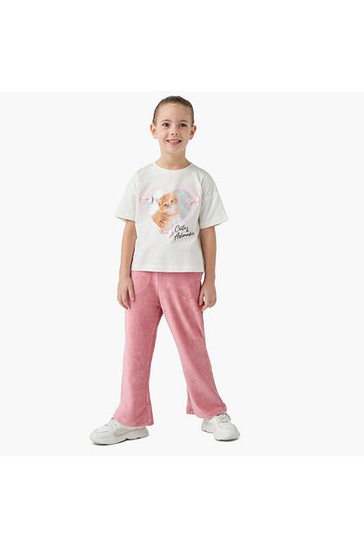 Juniors Kitten Print Crew Neck T-Shirt With Bow Accent