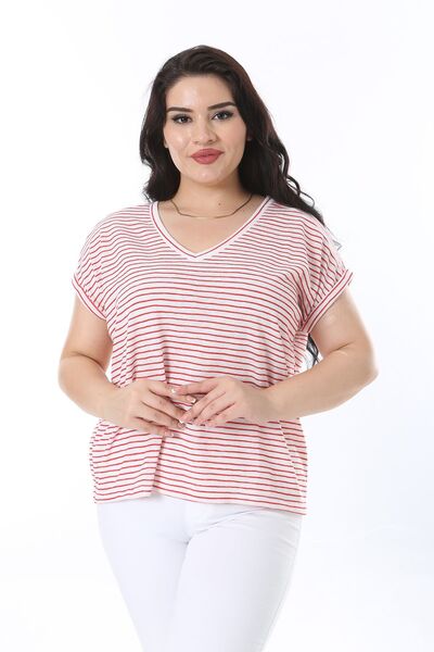 Şans Red Striped V-neck Plus Size Blouse - Low Sleeve 65n38227