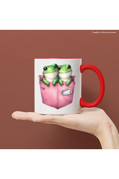 StoryGift Romania Mug with 2 frogs sitting in pockets, illustration, blushing, cheerful, English, With, STG