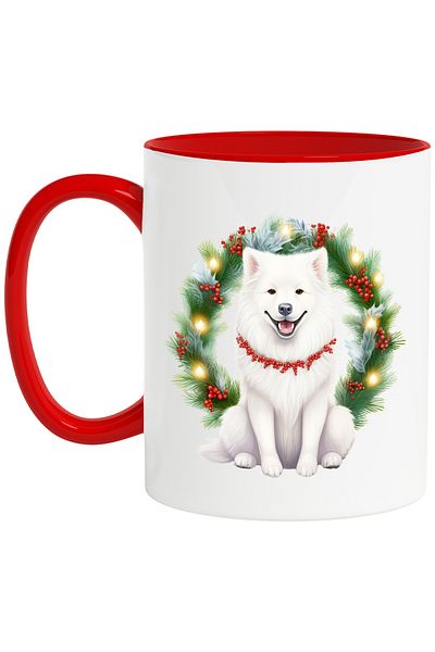 StoryGift Romania Mug with a white dog with a mistletoe chain around its neck, illustration, wreath, holidays,, With ,STG