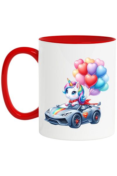 StoryGift Romania Mug with a unicorn driving a Lamborghini | illustration | lots of balloons, With ,STG