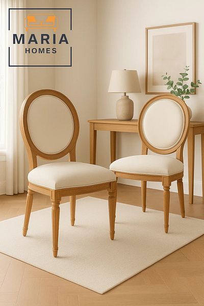 MARIA HOMES Classic Round Back Upholstered Chair – Solid Wood Frame with Cream Linen Seat for Elegant Interiors