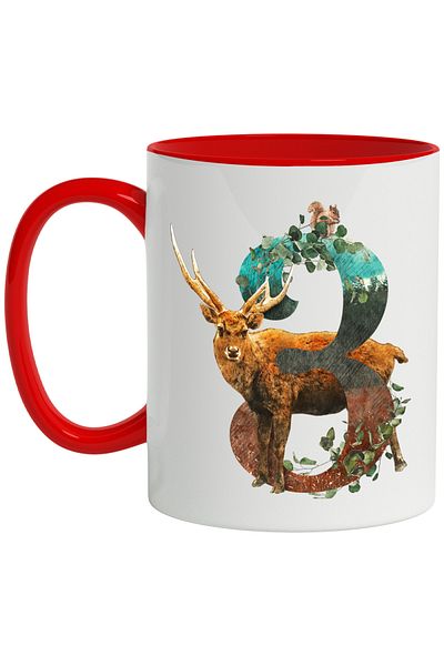 StoryGift Romania Mug With Number, 3, Deer, Squirrel, Plants, Multicolor 330 ml, Ceramic with R Handle, With ,STG