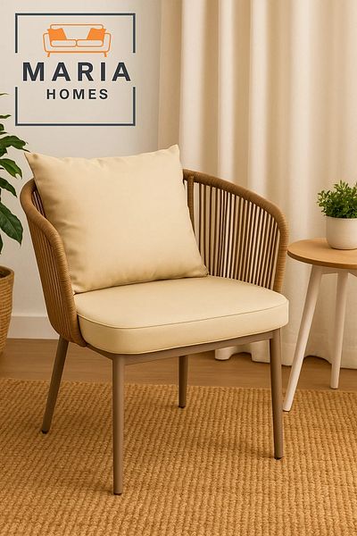 MARIA HOMES Beige Outdoor Rope Accent Chair with Cushions – Comfortable Garden or Balcony Seating
