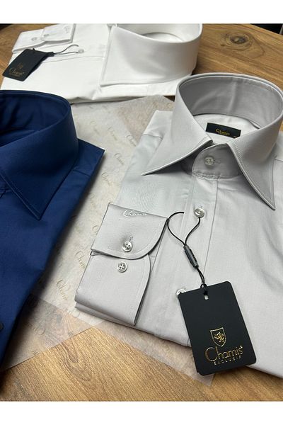 Chamis Slimfit Silver Gray Satin Polat Collar Shirt