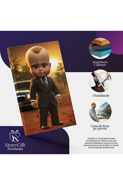 StoryGift Romania Tablou Canvas: Boss Boy Cu Ochii Caprui Si Sacou Negru Cu Masina In Spate Pe Un Pamant Pustiu