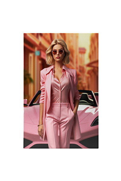 StoryGift Romania Tablou Canvas: Masina Decapotabila Roz Femeie Cu Par Scurt ...