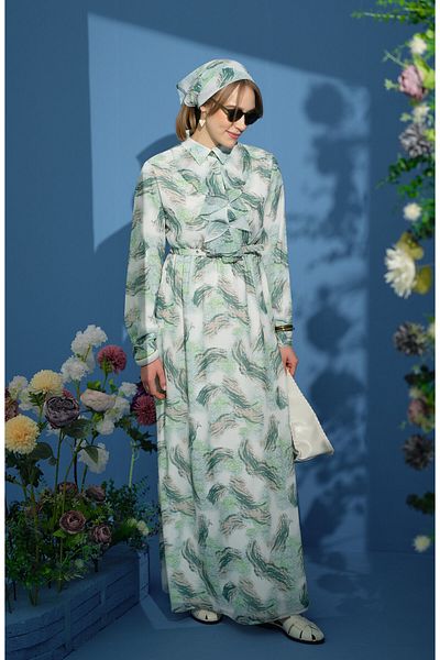 Fatma Atasoy Animal Pattern Flounce Chiffon Green Dress
