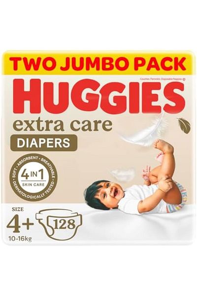 Huggies Extra Care, Size 4+, 10-16 kg, Twin Jumbo Pack, 128 Diapers