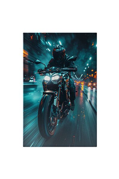 StoryGift Romania Tablou Canvas Motociclist In Echipament Negru Si Casca De Protectie Merge Cu Viteza Pe Motocic